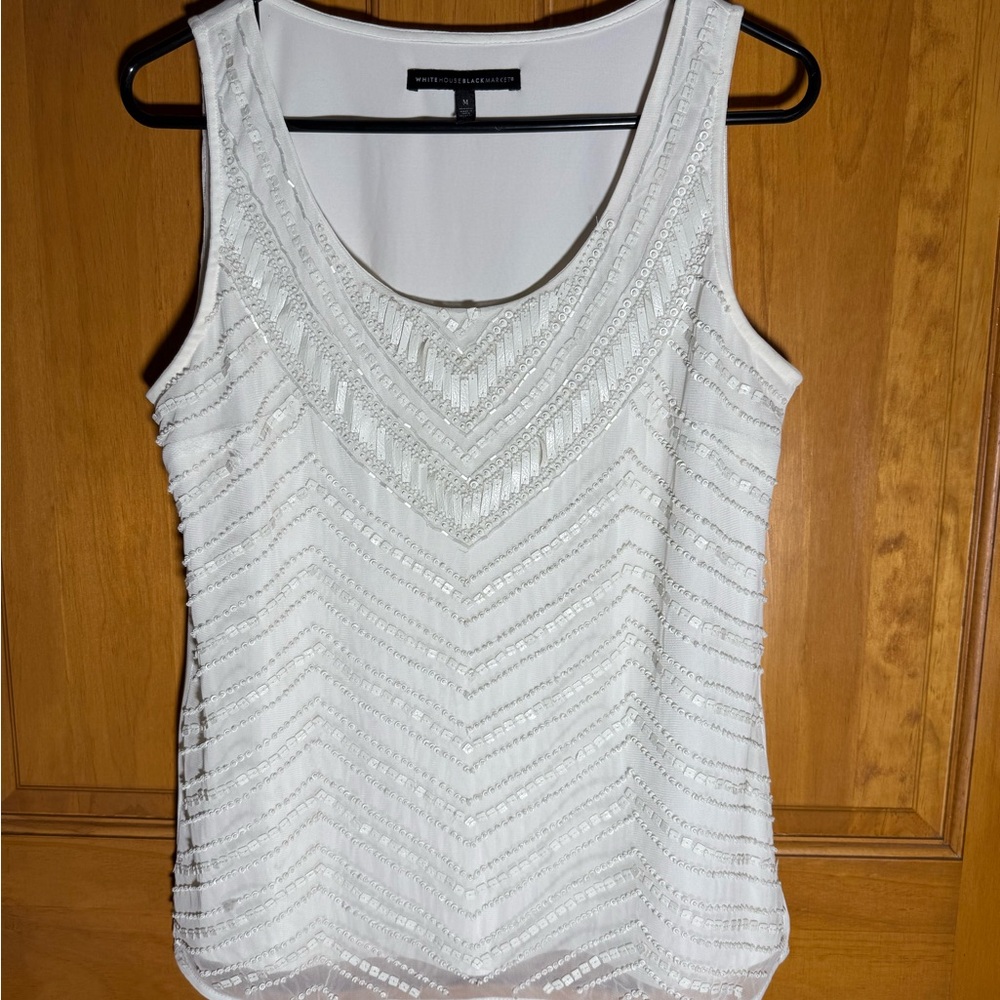 White House Black Market White Beaded Scoop Neck Camisole